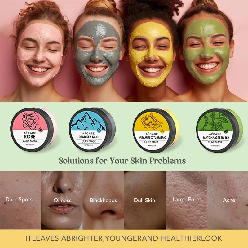 Lot de 4 Masques à l’Argile 2025 - Vitamine C, Curcuma & Boue de la Mer Morte - Nettoyage Profond & Hydratation