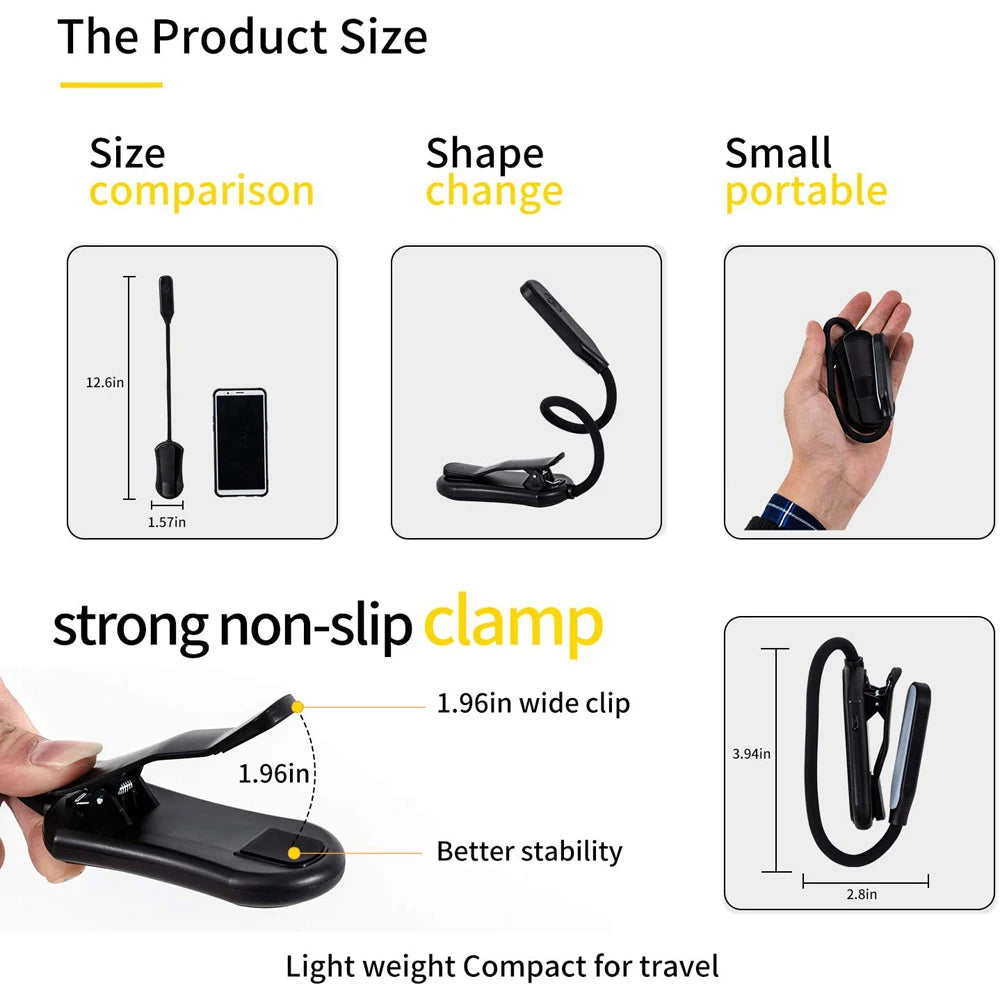 Lampe de Lecture Rechargeable 7 LED – Flexible, 3 Niveaux, Lumière Chaude & Froide – Idéale pour le Lit et la Lecture Nocturne