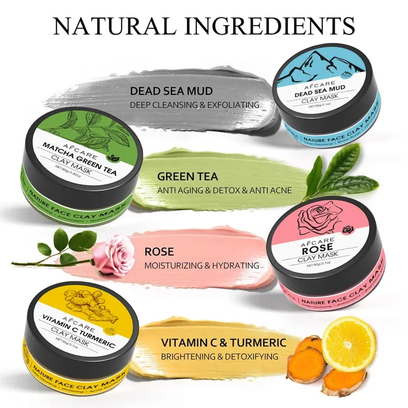 Lot de 4 Masques à l’Argile 2025 - Vitamine C, Curcuma & Boue de la Mer Morte - Nettoyage Profond & Hydratation