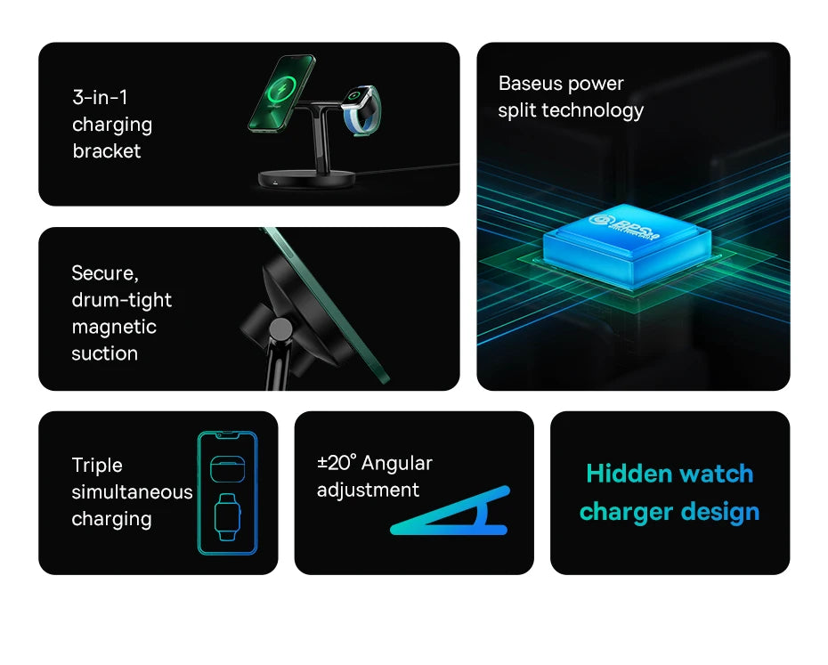 Chargeur Magnétique 3 en 1 Baseus - Recharge Rapide pour iPhone, AirPods & Apple Watch