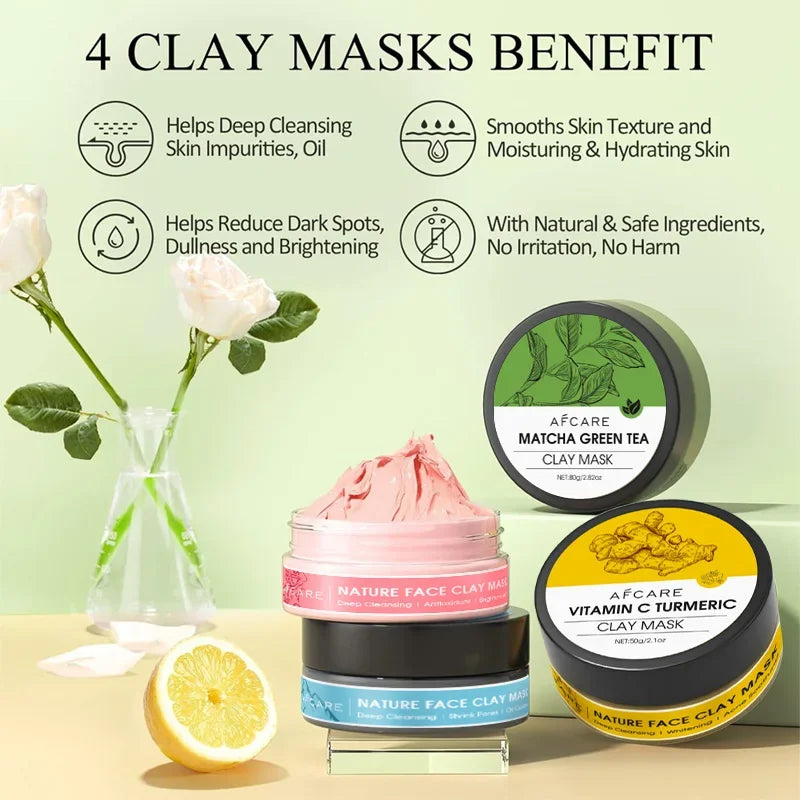 Lot de 4 Masques à l’Argile 2025 - Vitamine C, Curcuma & Boue de la Mer Morte - Nettoyage Profond & Hydratation