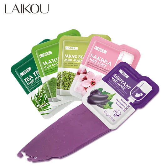 Lot de 5 Masques à la Boue et à l’Argile LAIKOU - Sakura, Matcha, Aubergine, Arbre à Thé & Haricot Mungo | Nettoyage Profond & Contrôle de l’Huile