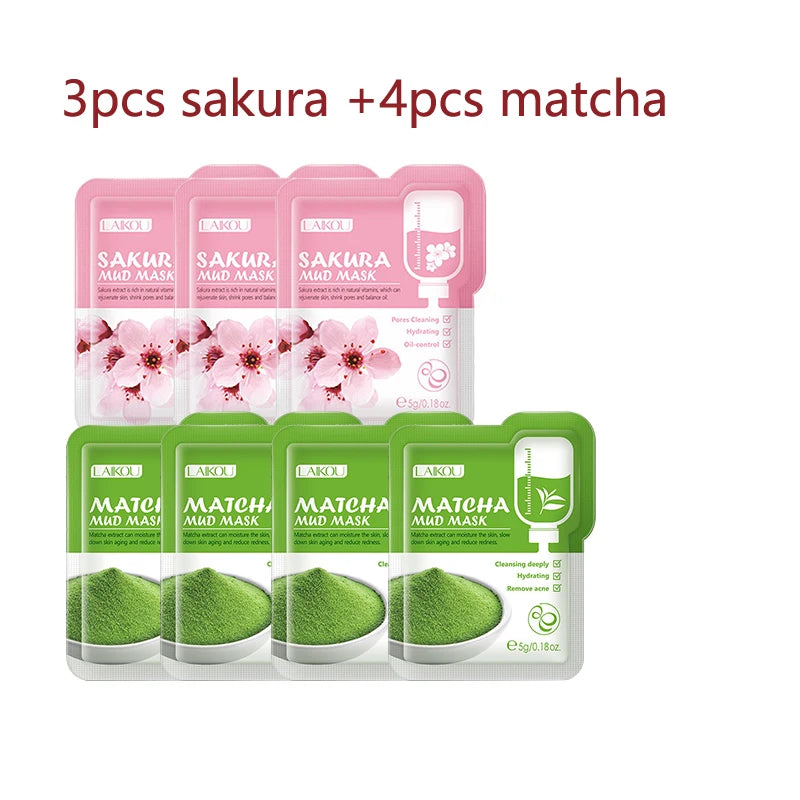 Lot de 7 Masques à la Boue Sakura du Japon - Nettoyage Profond, Élimination des Points Noirs & Contrôle de l’Huile